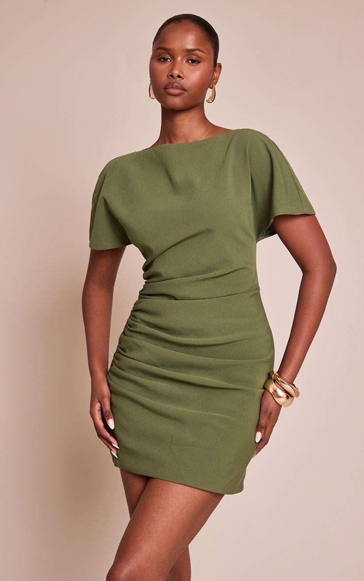 Pretty Little Thing Forest Green Woven Ruched Short Sleeve Mini Dress