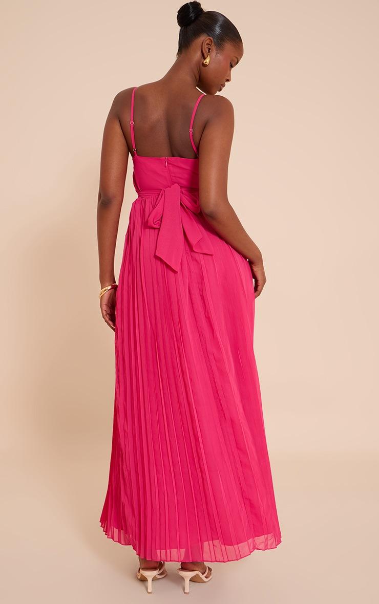 Pretty Little Thing Fuschia Chiffon Strappy Pleated Belt Detail Maxi Dress