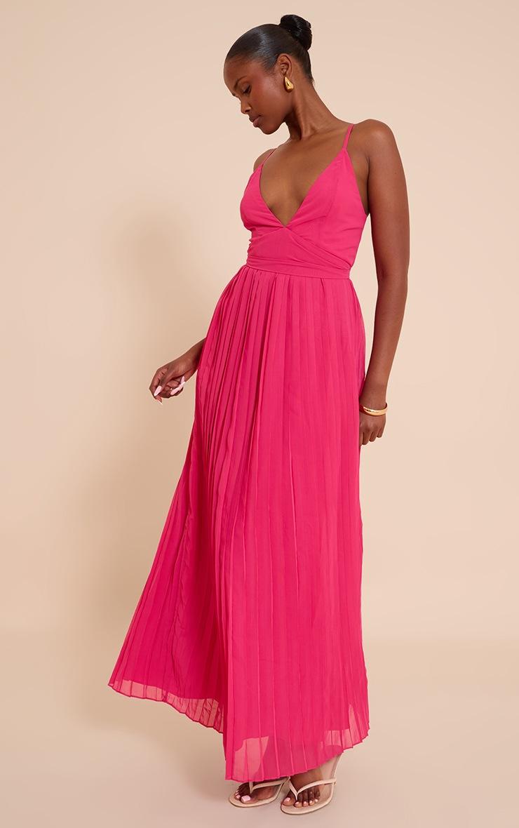 Pretty Little Thing Fuschia Chiffon Strappy Pleated Belt Detail Maxi Dress