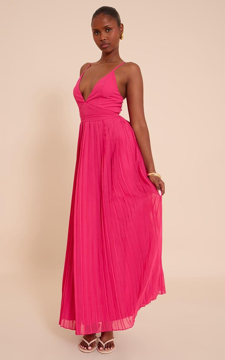 Pretty Little Thing Fuschia Chiffon Strappy Pleated Belt Detail Maxi Dress