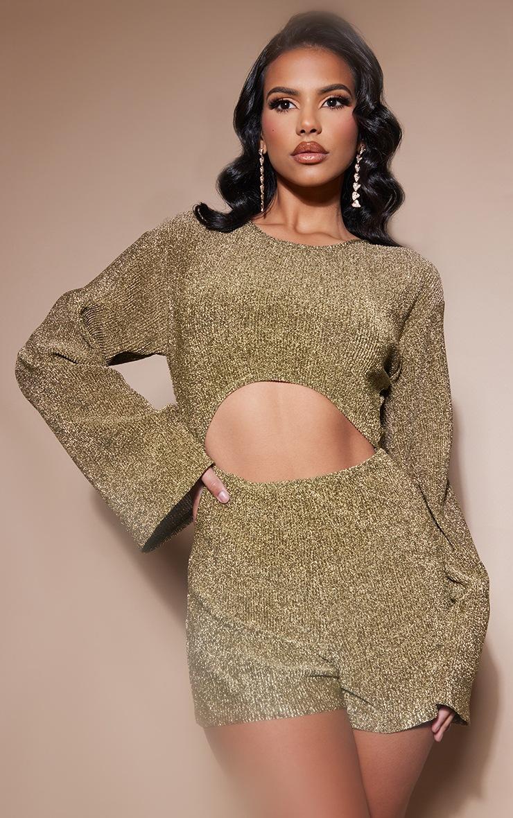 Pretty Little Thing Gold Glitter Plisse Flare Sleeve Cut Out Romper