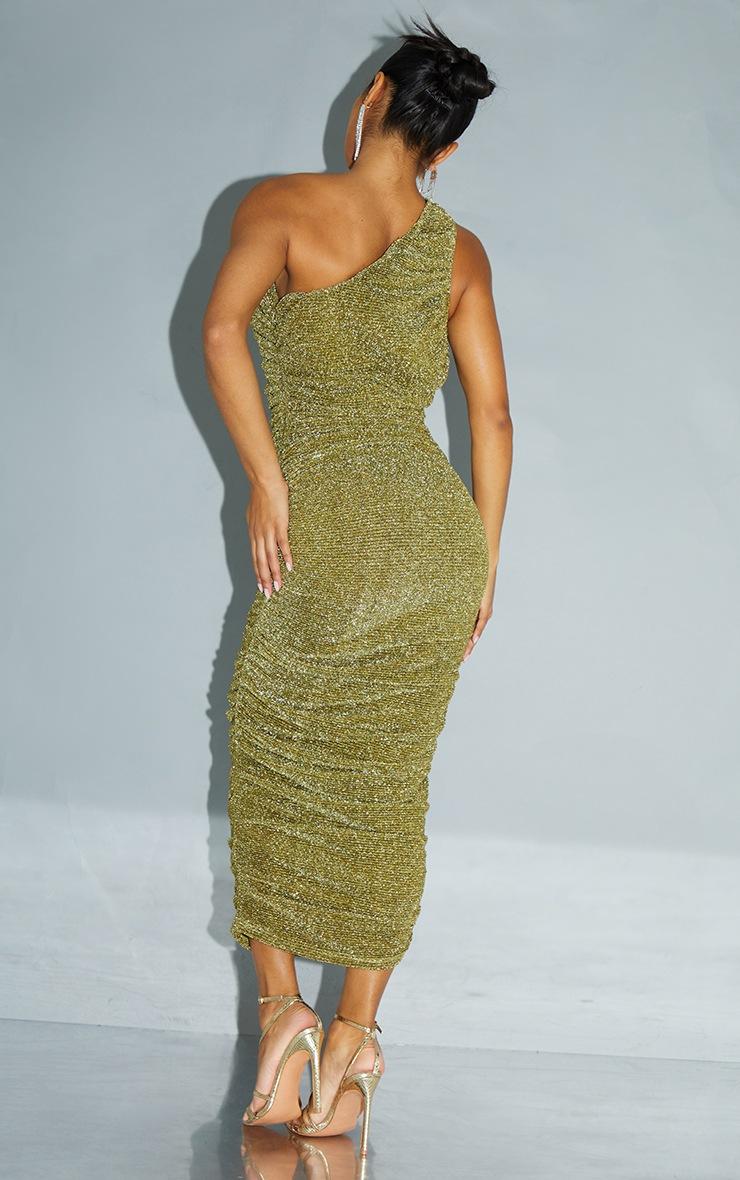 Pretty Little Thing Gold Glitter Plisse Ruched One Shoulder Midi Dress