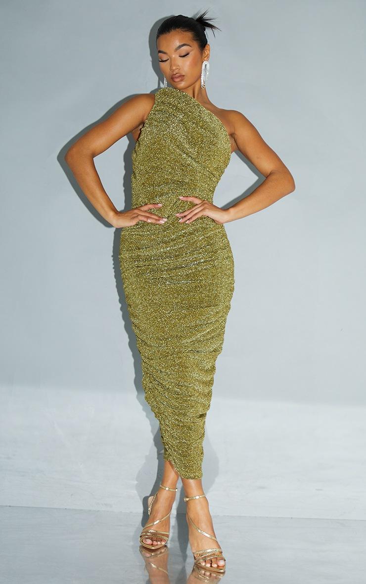 Pretty Little Thing Gold Glitter Plisse Ruched One Shoulder Midi Dress