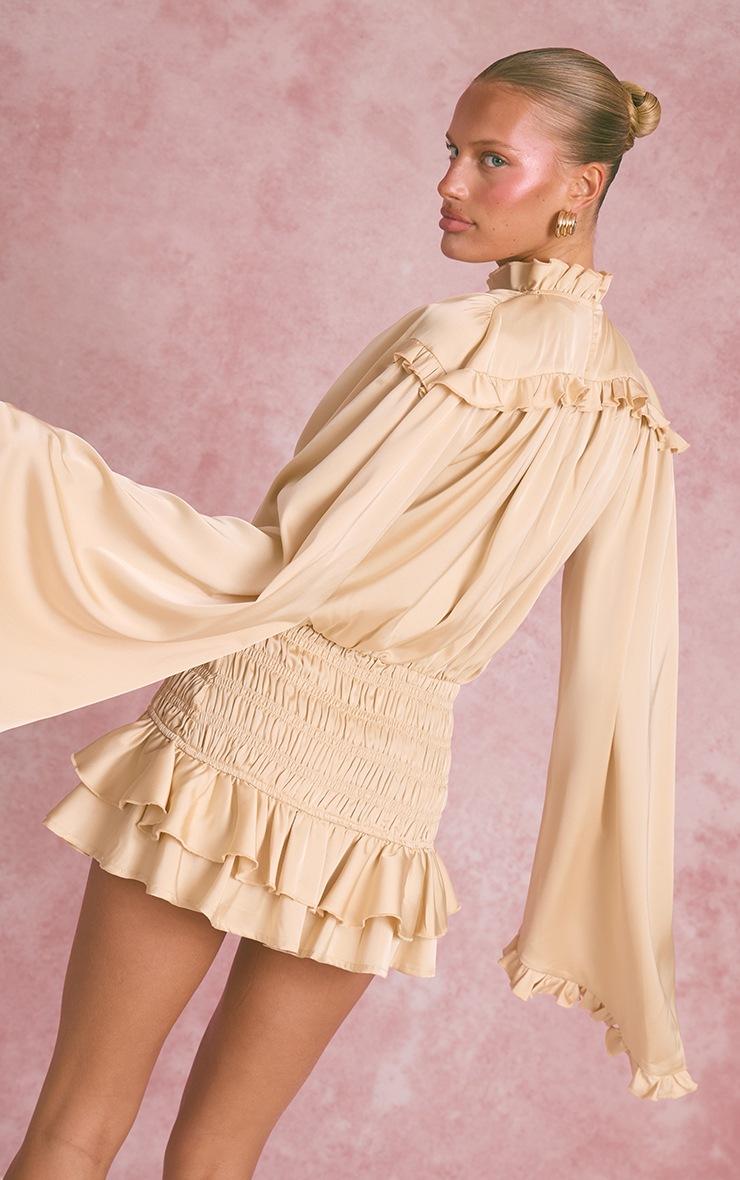 Pretty Little Thing Gold Smocked High Neck Frill Long Sleeve Mini Dress