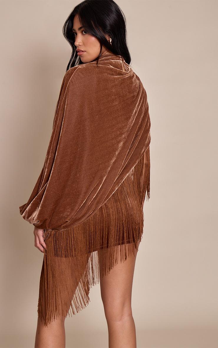 Pretty Little Thing Golden Brown Velvet Cape Tassel Hem Mini Dress