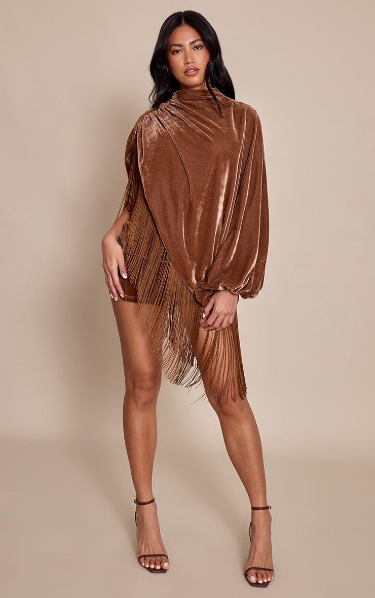 Pretty Little Thing Golden Brown Velvet Cape Tassel Hem Mini Dress