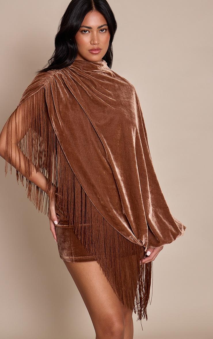 Pretty Little Thing Golden Brown Velvet Cape Tassel Hem Mini Dress