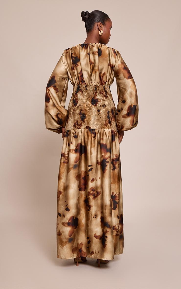 Pretty Little Thing Green Abstract Long Sleeve Shirred Waist Maxi Dress