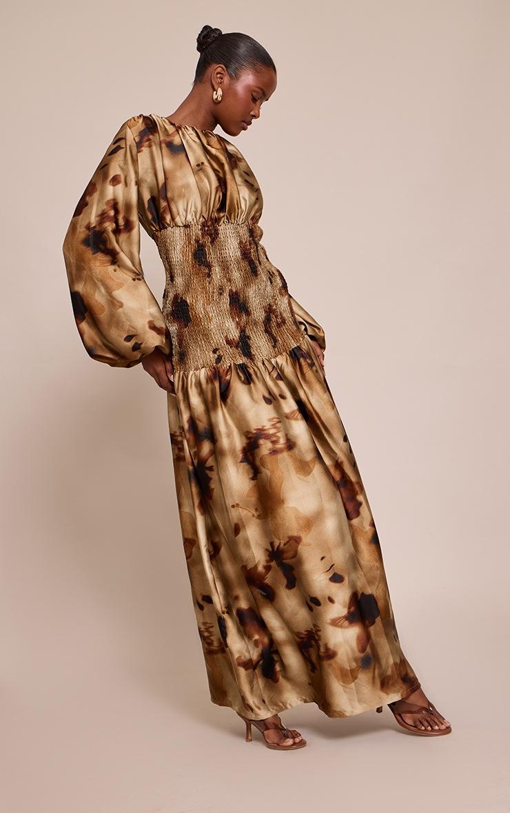 Pretty Little Thing Green Abstract Long Sleeve Shirred Waist Maxi Dress