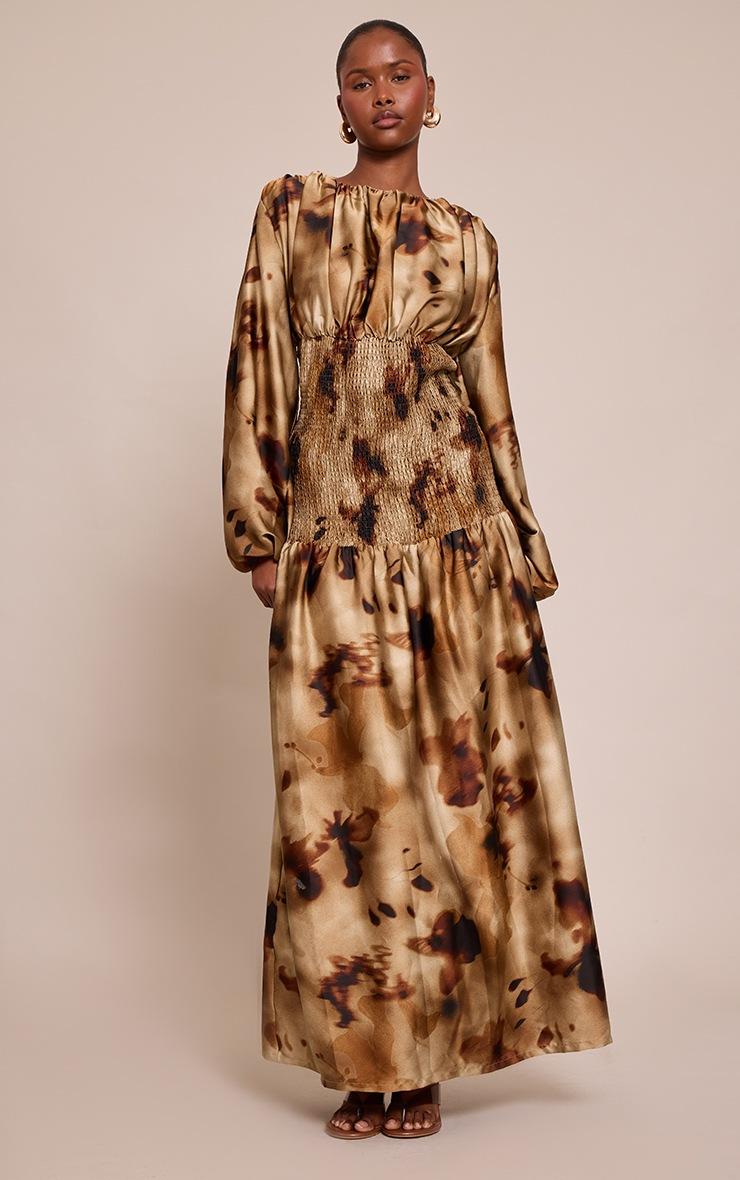 Pretty Little Thing Green Abstract Long Sleeve Shirred Waist Maxi Dress