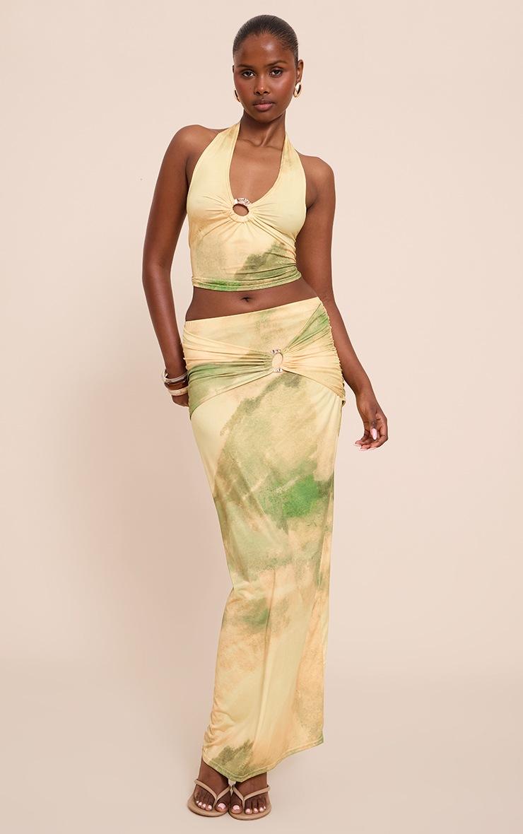 Pretty Little Thing Green Abstract Print Ruched Detail Flowy Maxi Skirts