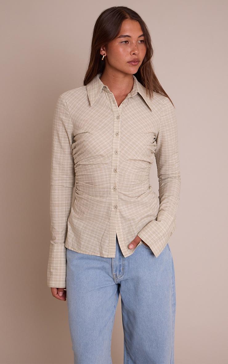 Pretty Little Thing Green Check Fitted Ruched Side Shirt