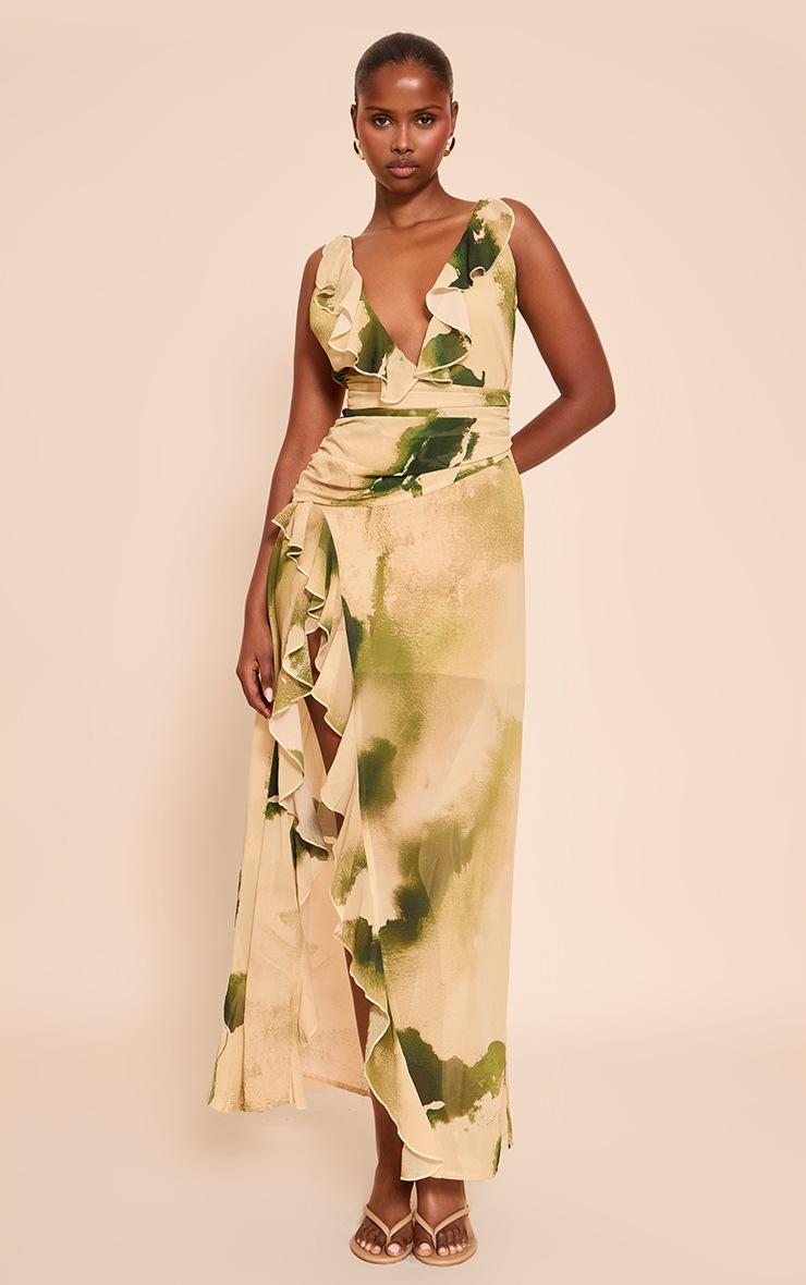 Pretty Little Thing Green Floral Chiffon Frill Plunge Strappy Maxi Dress
