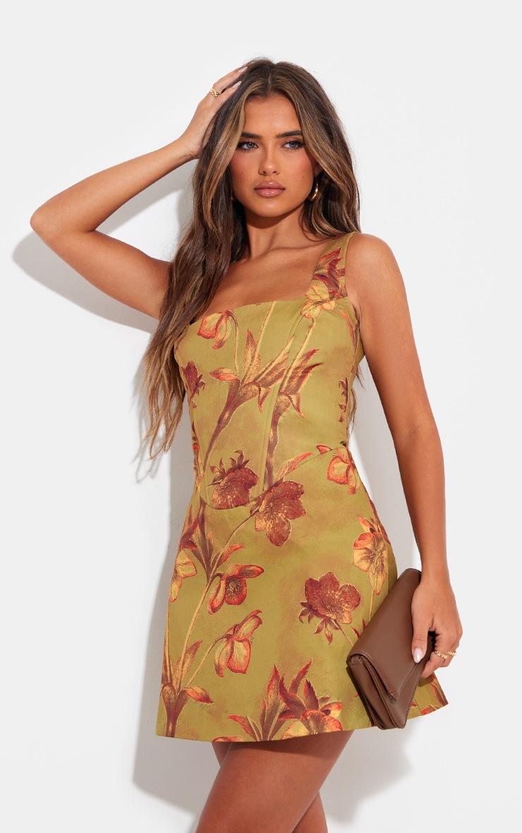 Pretty Little Thing Green Floral Corset A Line Shift Dress