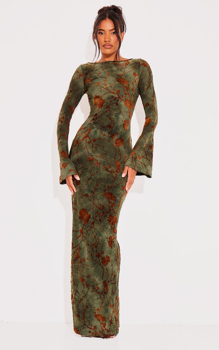 Pretty Little Thing Green Floral Devore Long Sleeve Maxi Dress