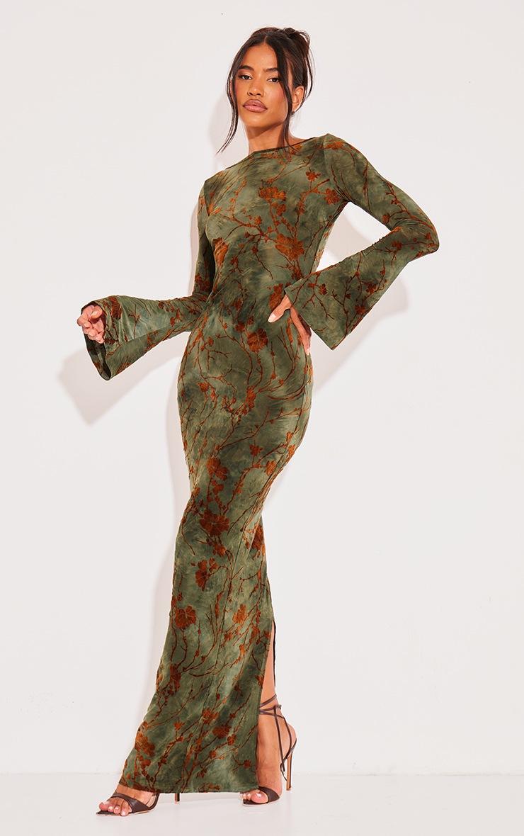 Pretty Little Thing Green Floral Devore Long Sleeve Maxi Dress