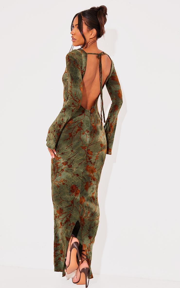 Pretty Little Thing Green Floral Devore Long Sleeve Maxi Dress