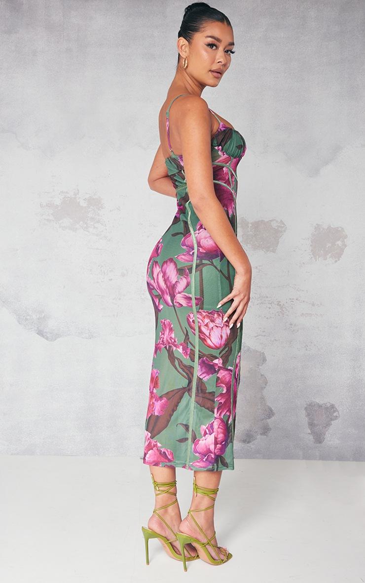 Pretty Little Thing Green Floral Print Mesh Binding Detail Midaxi Dress