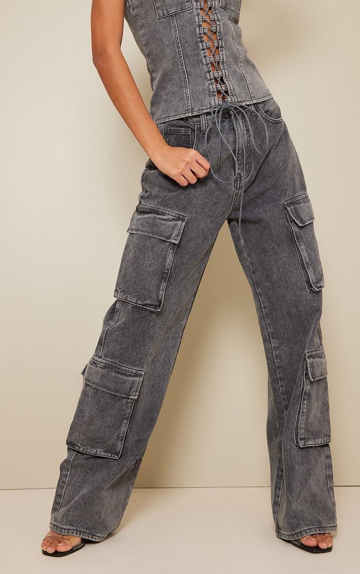 Pretty Little Thing Grey Acid Wash Cargo Pocket Detail Slim Wide Leg Jeans