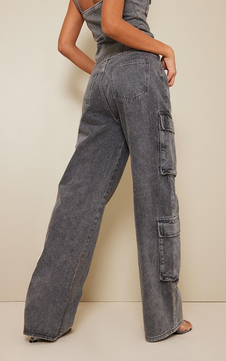 Pretty Little Thing Grey Acid Wash Cargo Pocket Detail Slim Wide Leg Jeans
