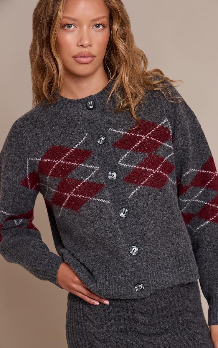 Pretty Little Thing Grey Argyle Button Through Cardigan