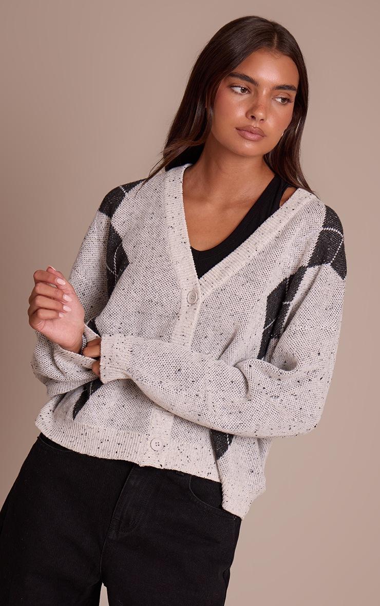 Pretty Little Thing Grey Argyle Oversized Knit Cardigan