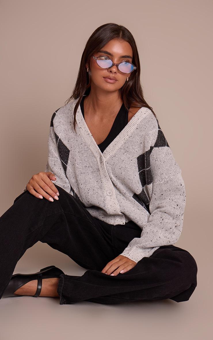 Pretty Little Thing Grey Argyle Oversized Knit Cardigan
