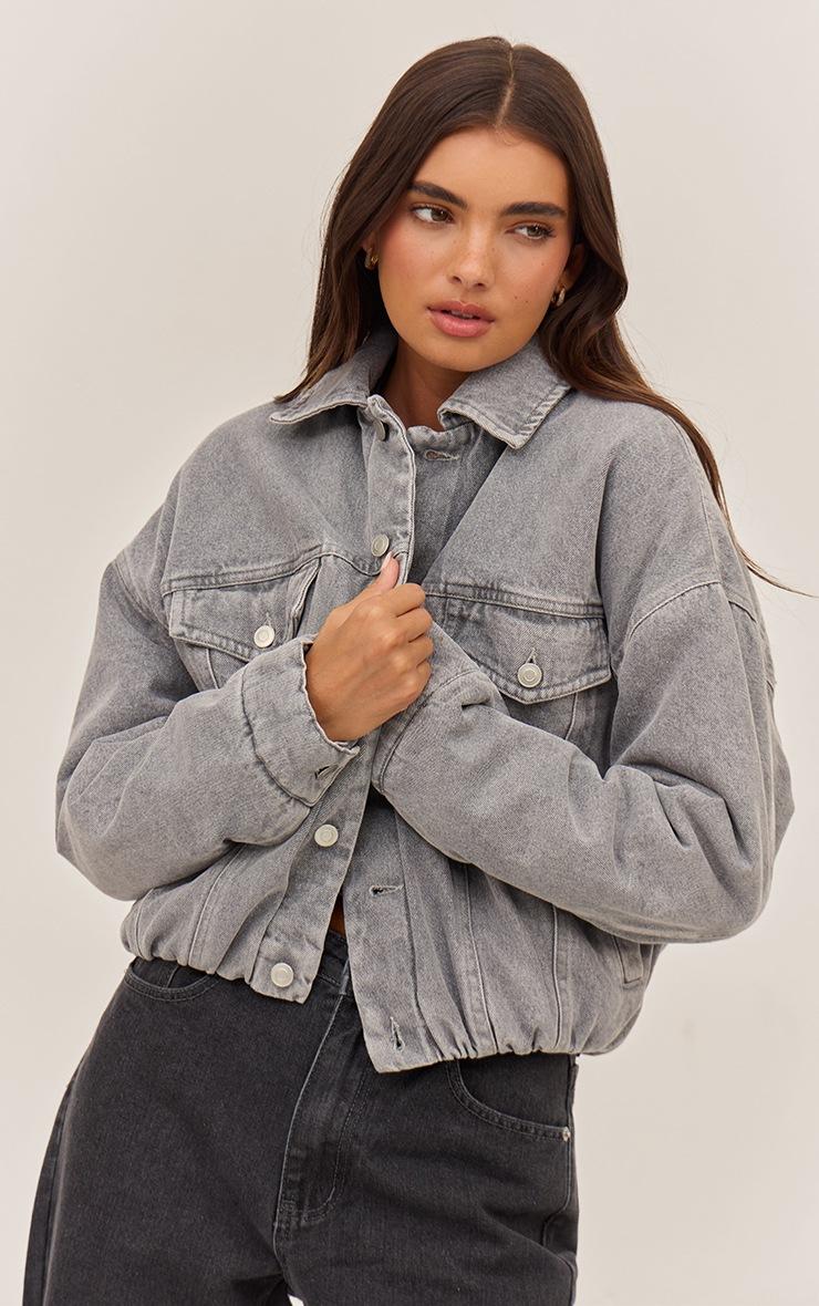 Pretty Little Thing Grey Balloon Hem Quilted Cropped Denim Jacket