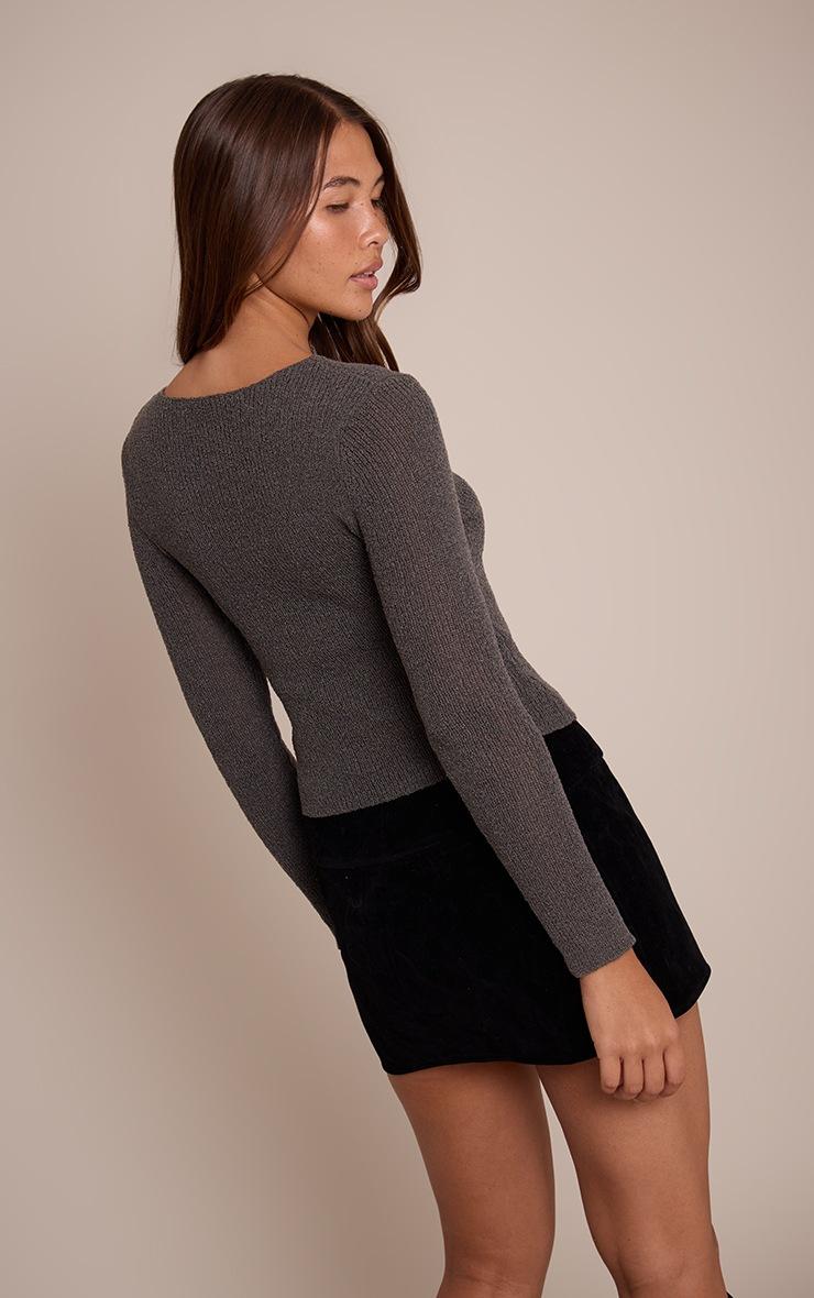 Pretty Little Thing Grey Boatneck Long Sleeved Trim Detail Knitted Top