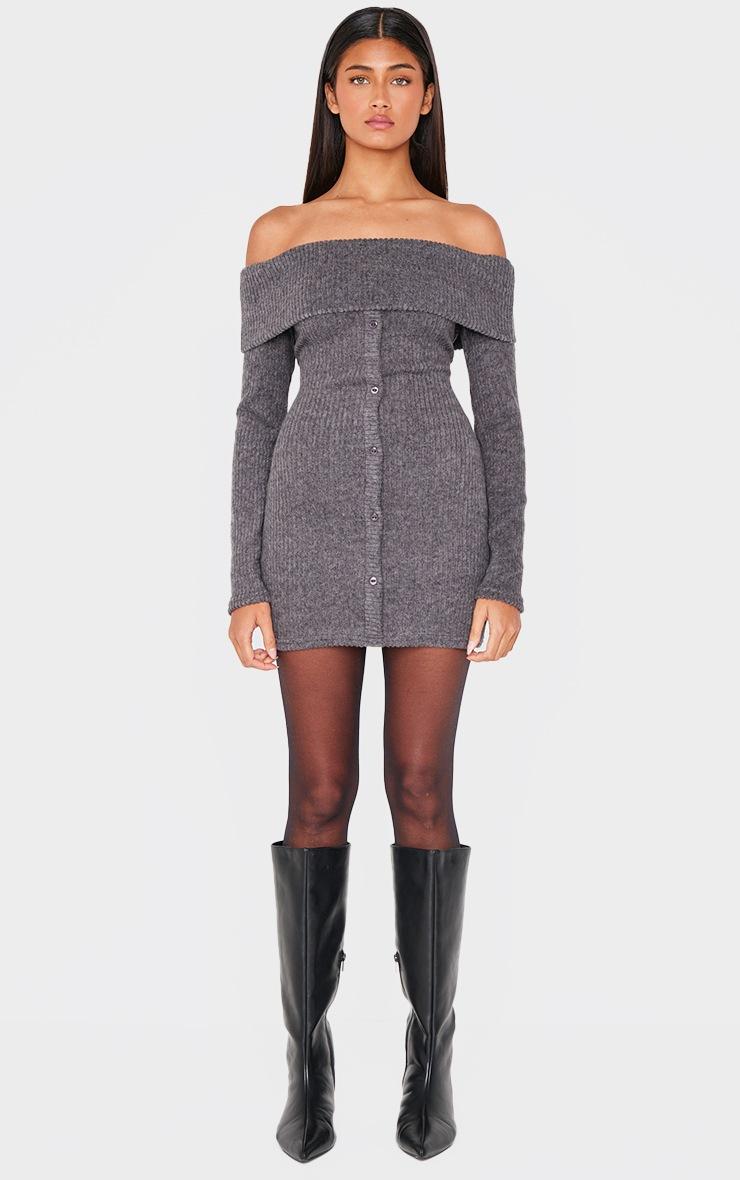 Pretty Little Thing Grey Brushed Rib Button Down Bodycon Dress