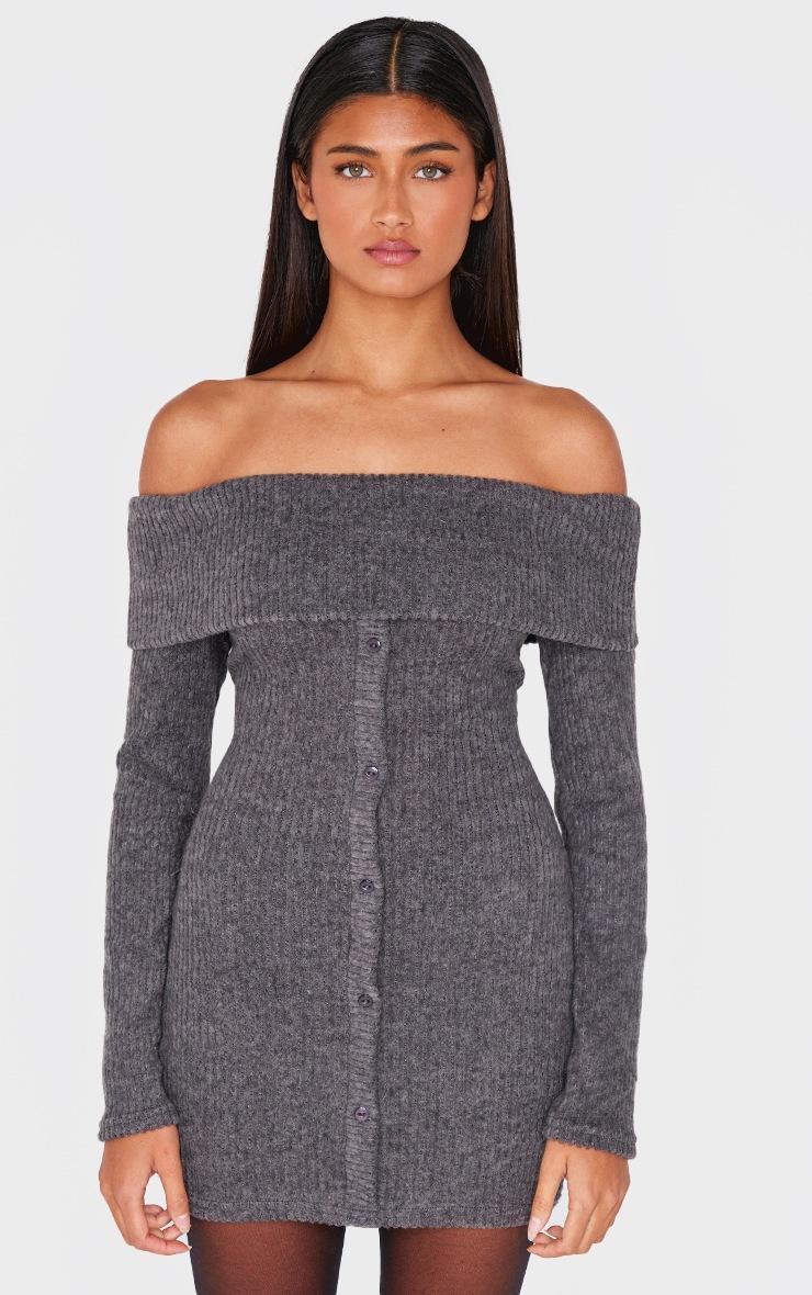 Pretty Little Thing Grey Brushed Rib Button Down Bodycon Dress