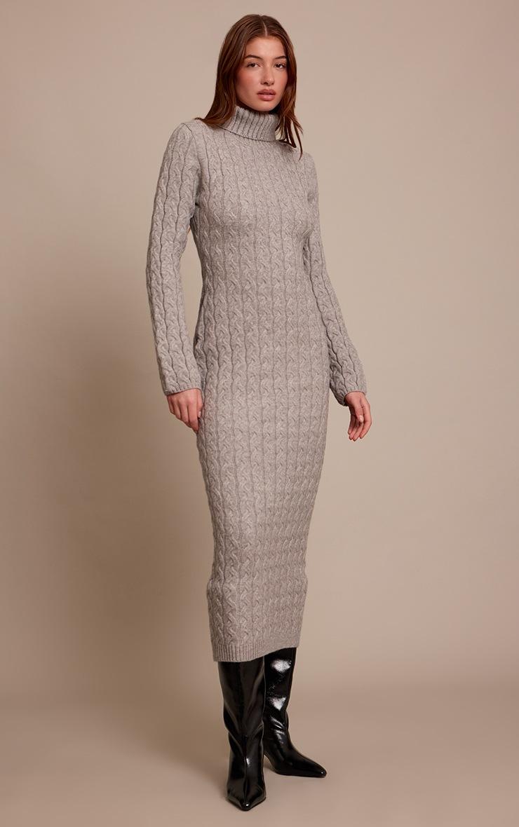 Pretty Little Thing Grey Chunky Cable Knit Roll Neck Maxi Sweater Dress
