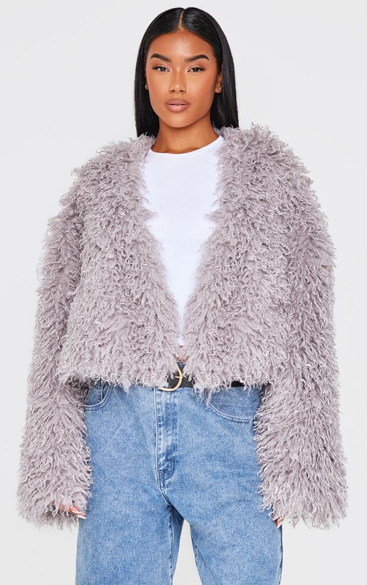 Pretty Little Thing Grey Cropped Faux Fur Style Coat
