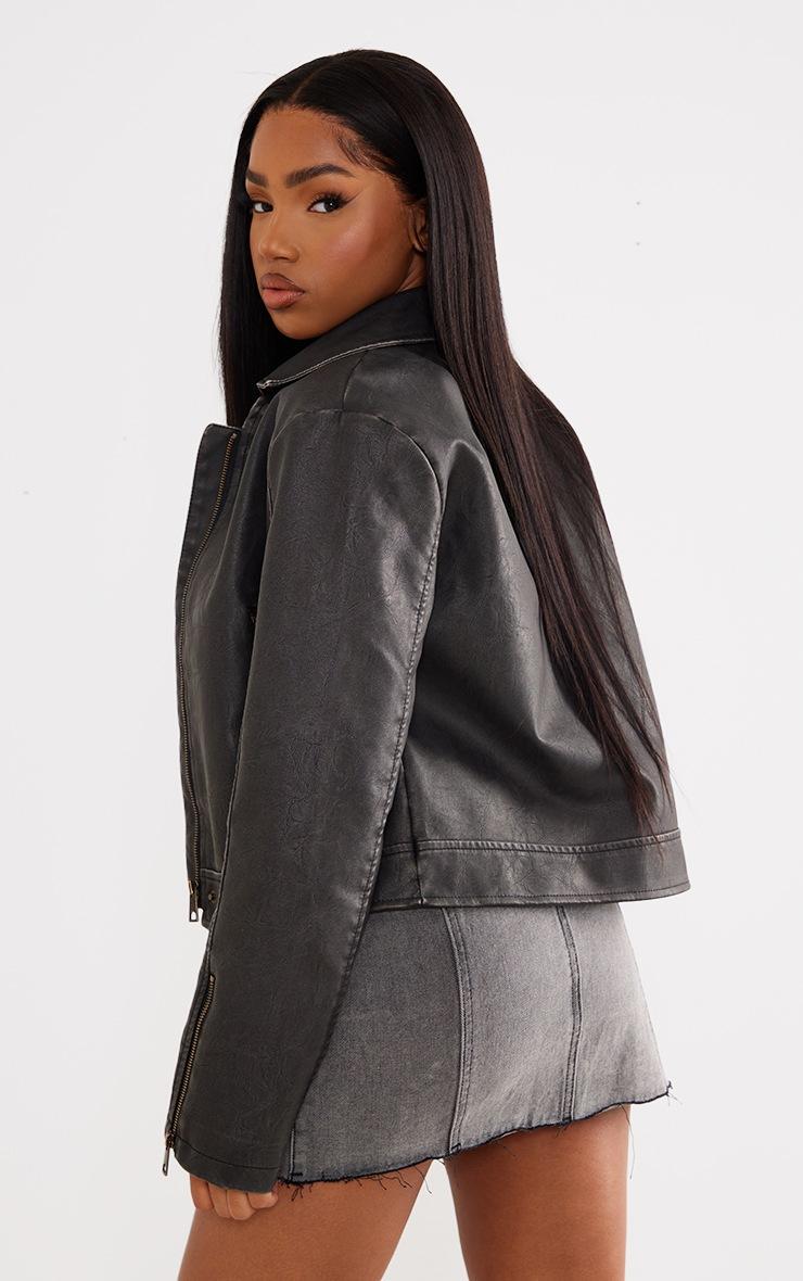 Pretty Little Thing Grey Distressed Look Faux Leather Boxy Fit Biker Jacket