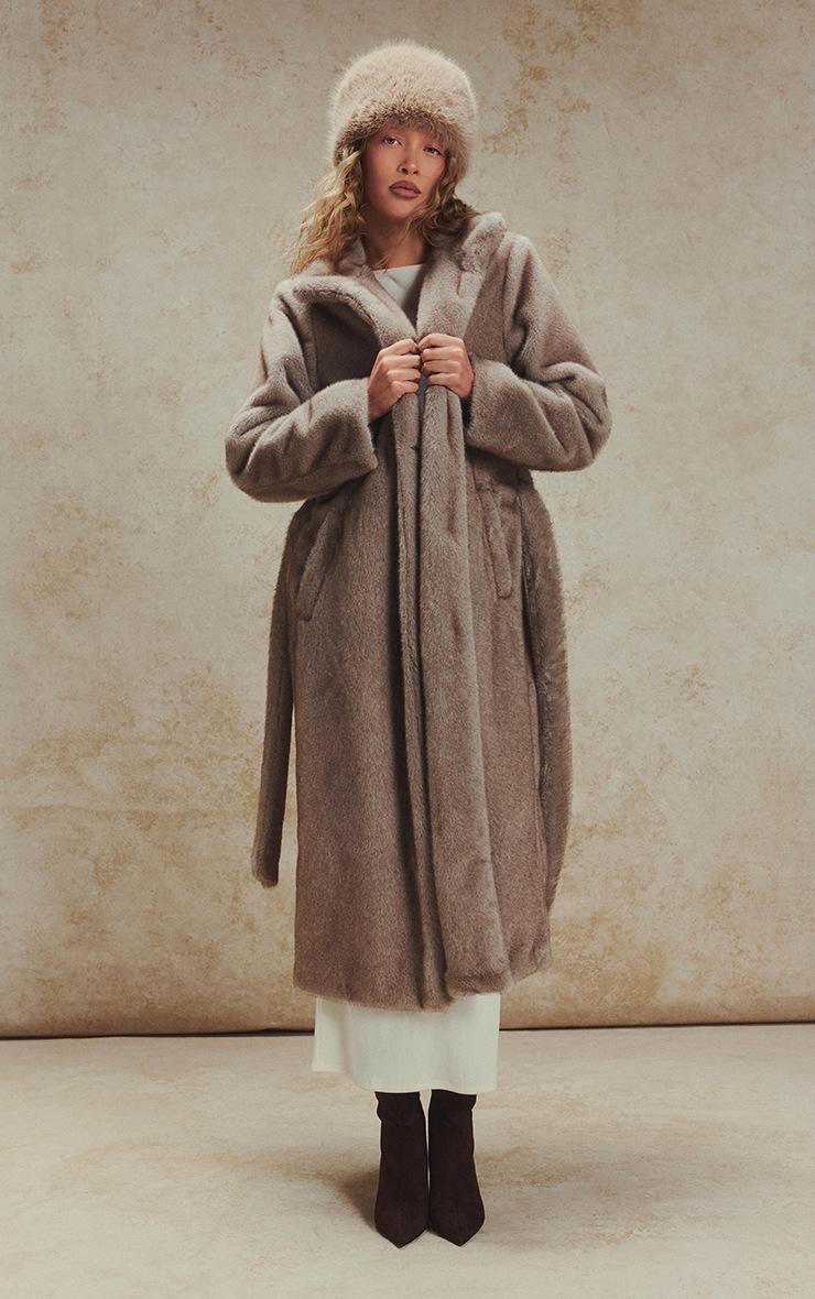 Pretty Little Thing Grey Faux Fur Funnel Neck Maxi Coat