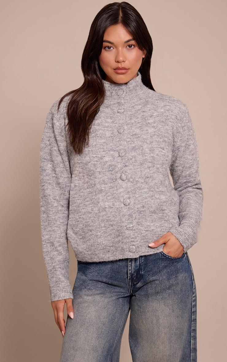 Pretty Little Thing Grey Funnel Neck Button Down Knitted Cardigan