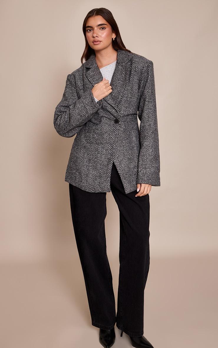 Pretty Little Thing Grey Herringbone Gathered Cinched Waist Blazer