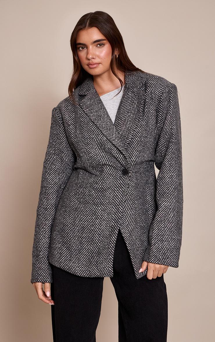 Pretty Little Thing Grey Herringbone Gathered Cinched Waist Blazer