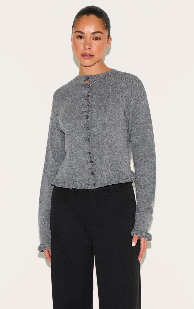 Pretty Little Thing Grey Knit Ruffle Detail Cardigan