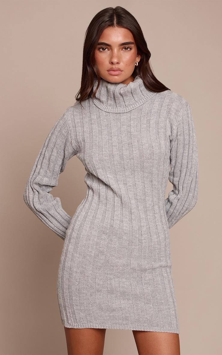 Pretty Little Thing Grey Knitted Roll Neck Sweater Dress