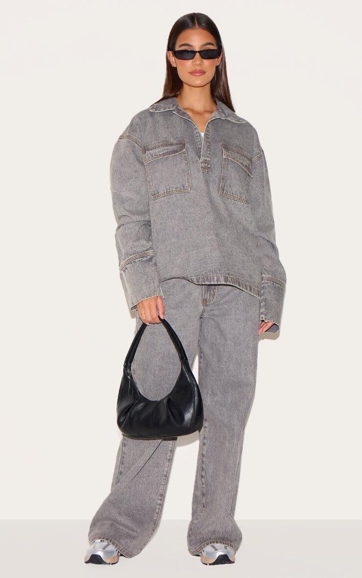 Pretty Little Thing Grey Long Sleeve Slouchy Denim Rugby Shirt