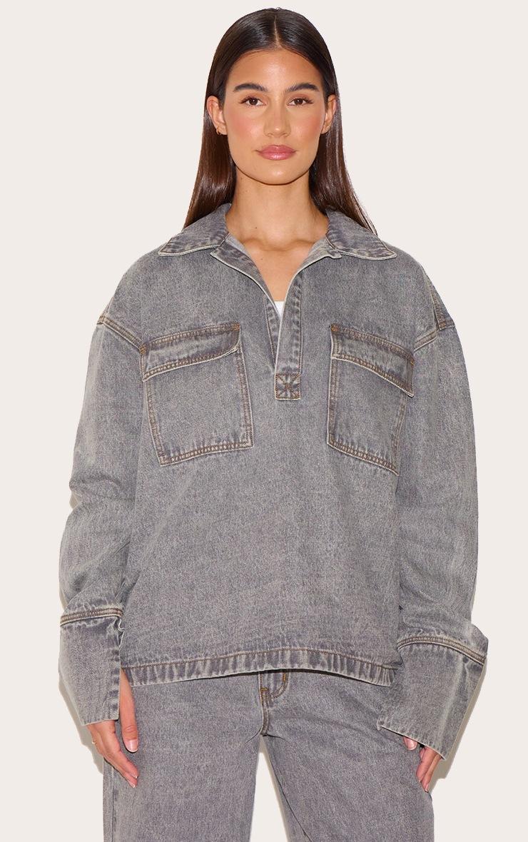 Pretty Little Thing Grey Long Sleeve Slouchy Denim Rugby Shirt