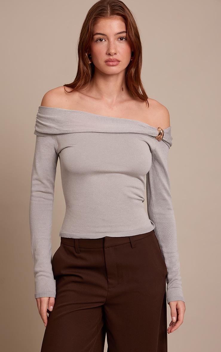 Pretty Little Thing Grey Long Sleeve Twist Shoulder Detail Knitted Top
