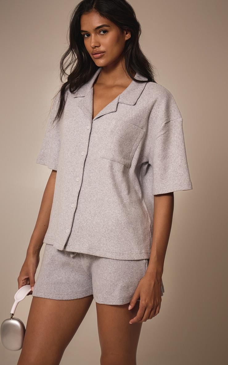 Pretty Little Thing Grey Marl Brushed Rib Button Up Boxy Shirt