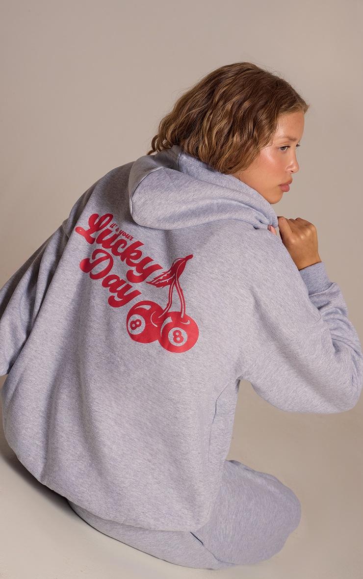Pretty Little Thing Grey Marl Cherry Print Oversized Hoodie