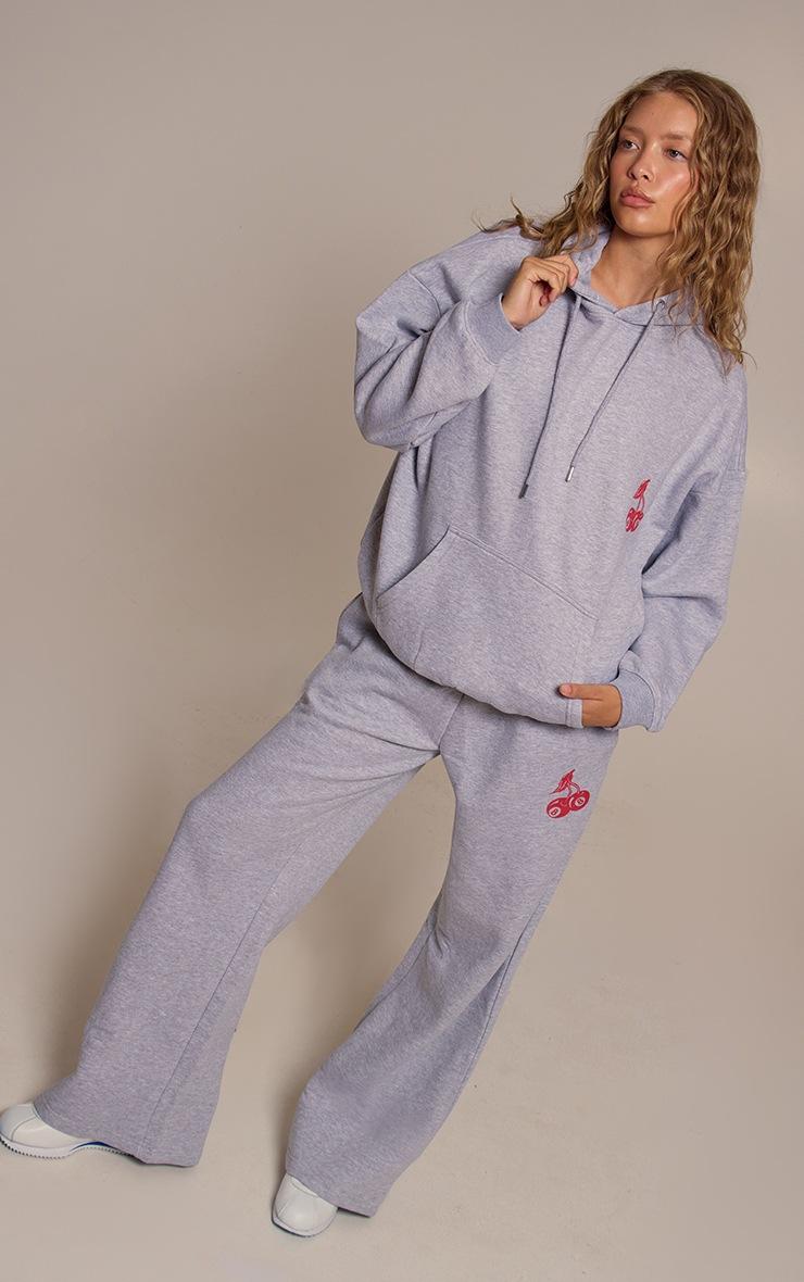 Pretty Little Thing Grey Marl Cherry Print Oversized Wide Leg Sweatpants
