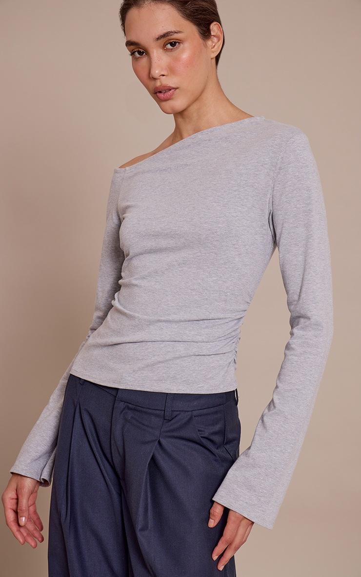 Pretty Little Thing Grey Marl Cotton Asymmetric Long Sleeve Top