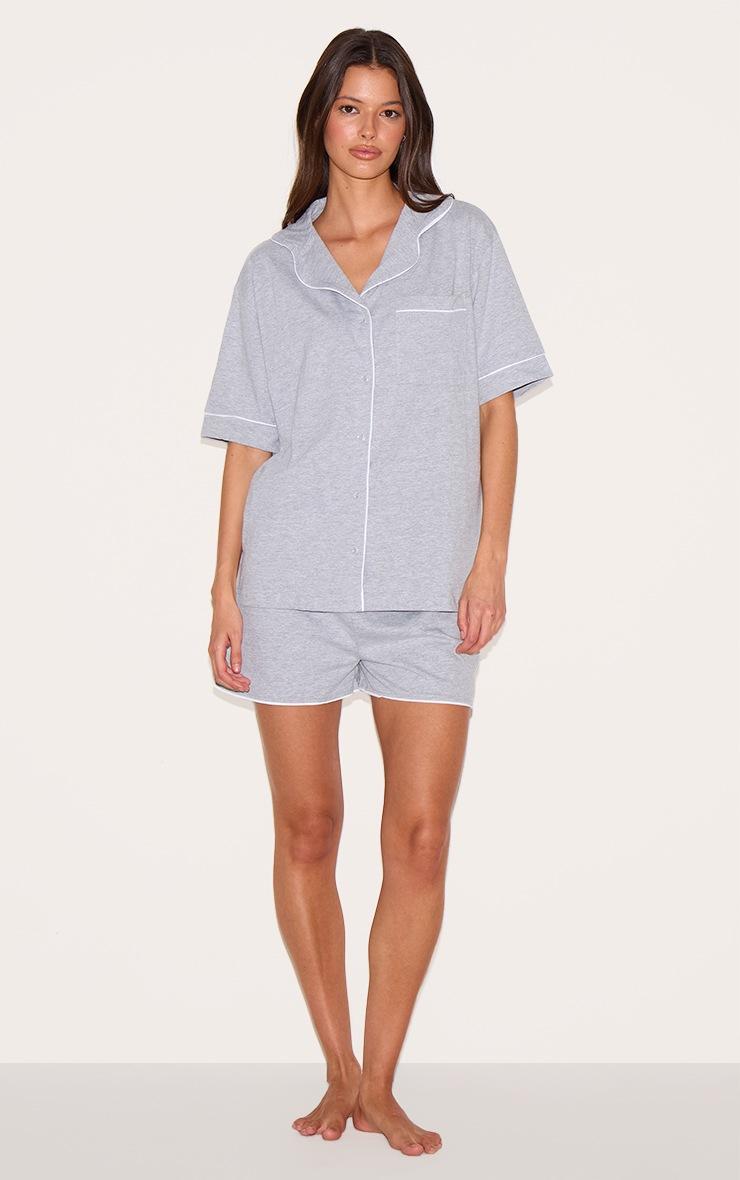 Pretty Little Thing Grey Marl Jersey Piping Detail Short Pj Set