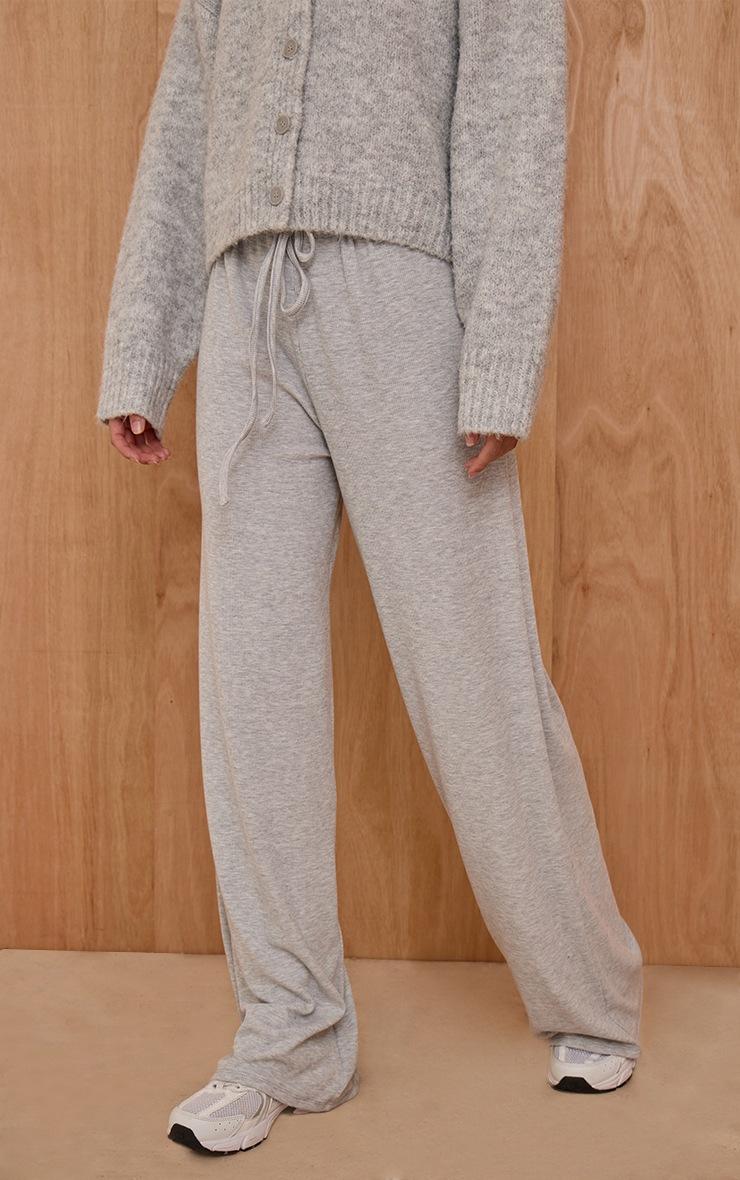 Pretty Little Thing Grey Marl Ribbed Drawstring Wide Leg Pant