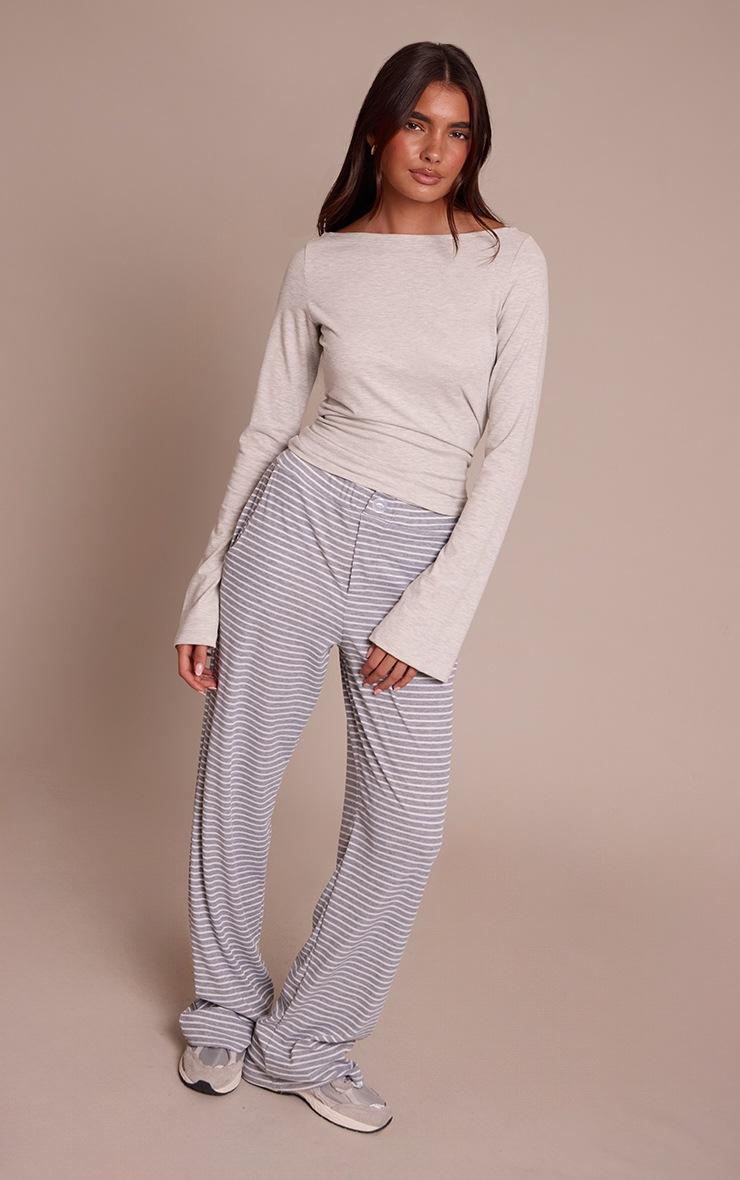 Pretty Little Thing Grey Marl Soft Cotton Boat Neck Flared Long Sleeve Top